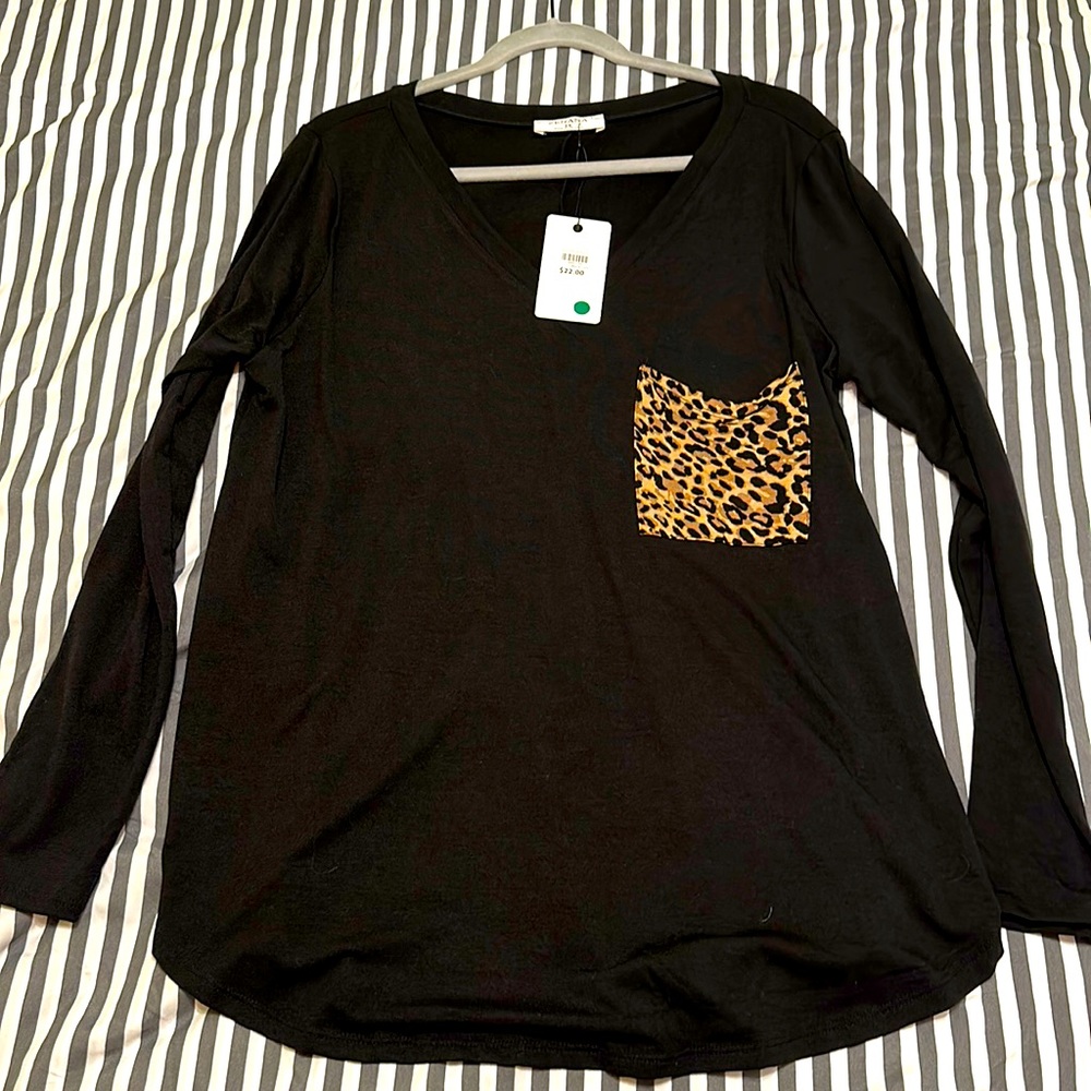 New with tags! ZENANA 1X black long sleeves with leopard pocket